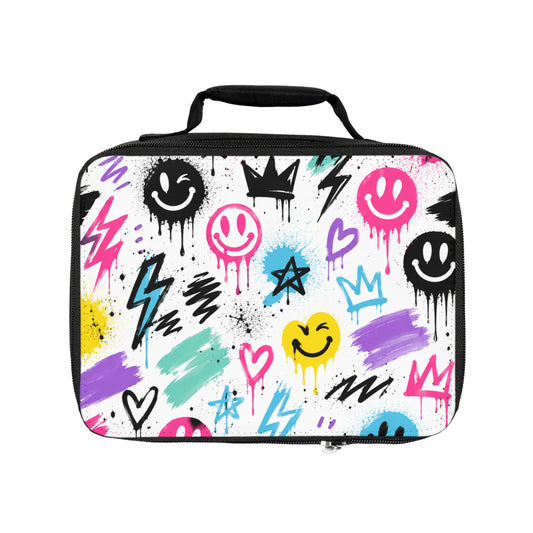 Graffiti Smiley Lunch Bag – Colorful Drip Hearts & Lightning Kids Lunchbox