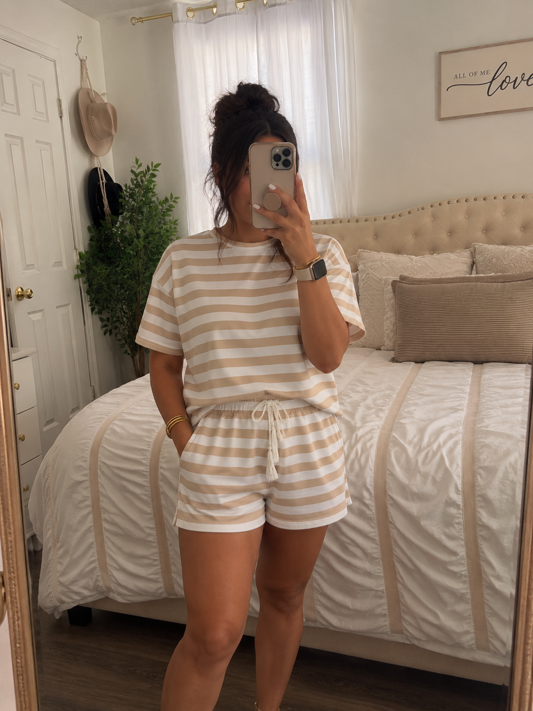 Striped Short Sleeve Tee and Drawstring Shorts Set