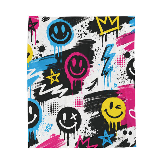 Graffiti Smile Velveteen Plush Blanket — Colorful Drip Smiley Throw