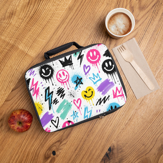 Graffiti Smiley Lunch Bag – Colorful Drip Hearts & Lightning Kids Lunchbox