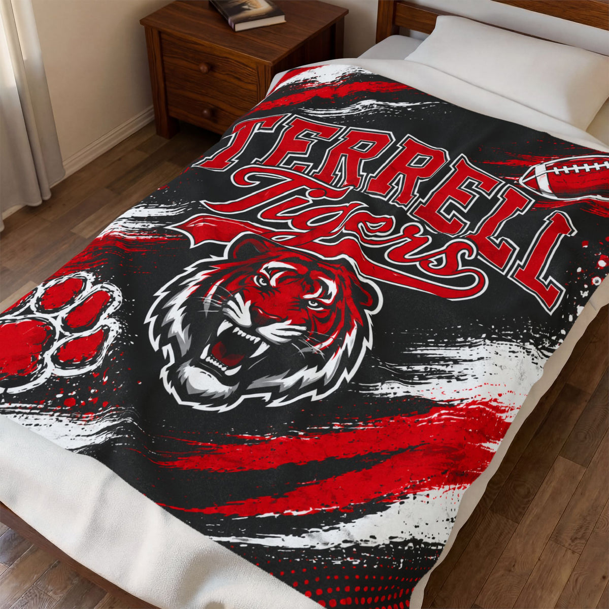 Terrell Tigers Velveteen Plush Blanket – Soft School Spirit Throw with Tiger Mascot & Football Design