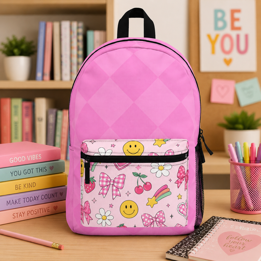 Cute Smile Daisy Cherry Pattern Backpack | Pink Kawaii Bow Flowers