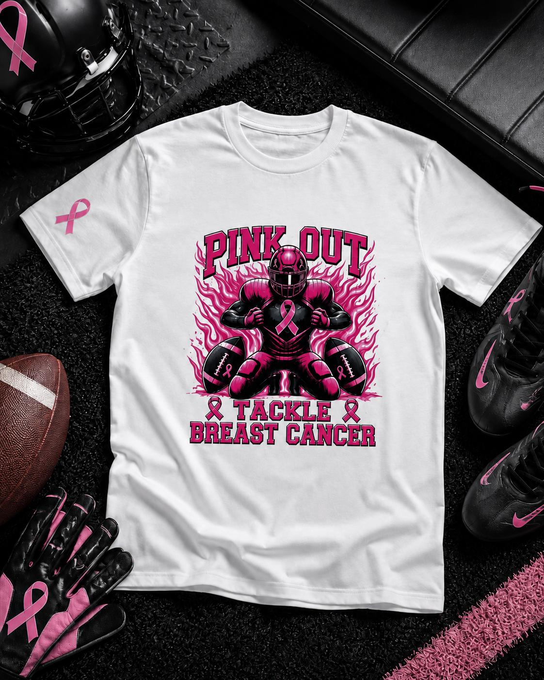 Adult Pink Out Football Tee - "Tackle Breast Cancer" Awareness Shirt