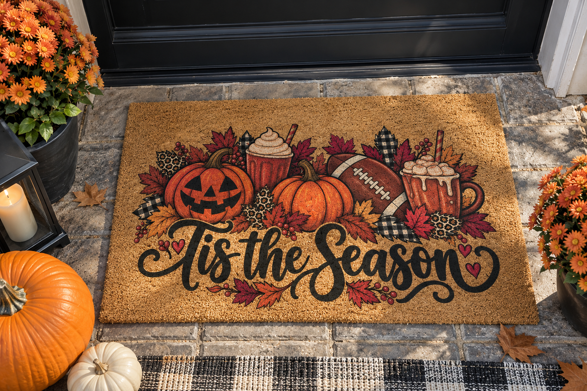 Autumn 'Tis the Season Doormat — Fall Pumpkin, Football & Hot Cocoa Welcome Mat