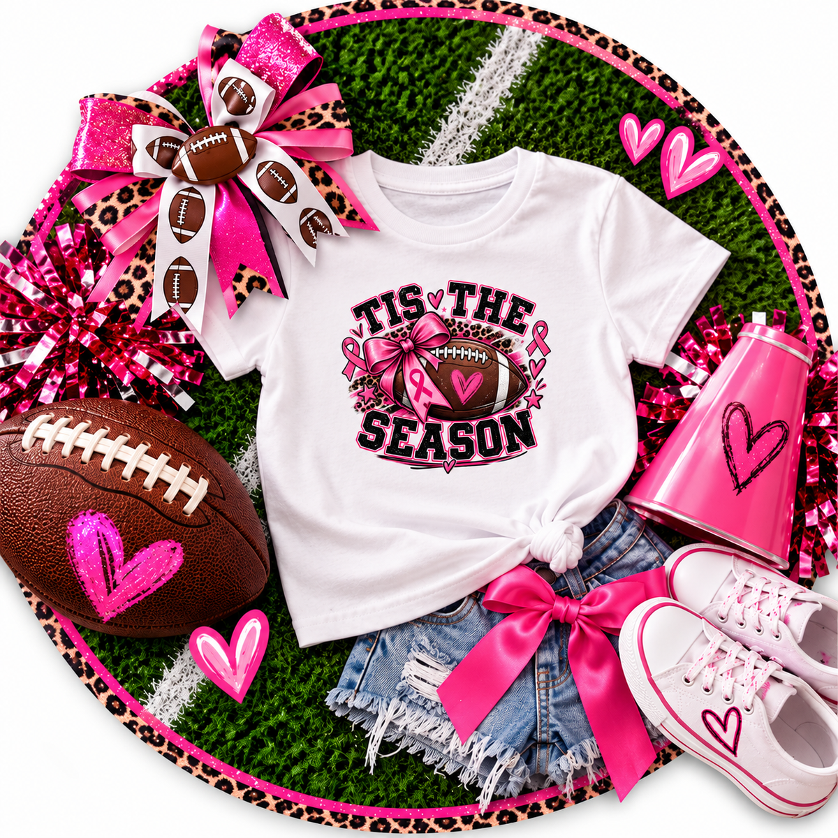 Youth Tee — 'Tis the Season' Pink Ribbon Football Breast Cancer Awareness