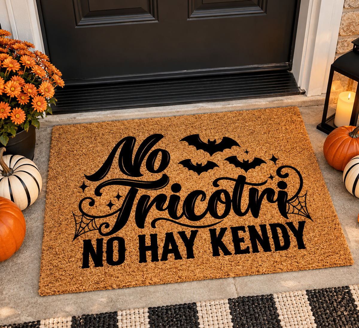 Halloween Doormat - “No Tricotri No Hay Kendy” Funny Spooky Welcome Mat with Bats & Cobweb