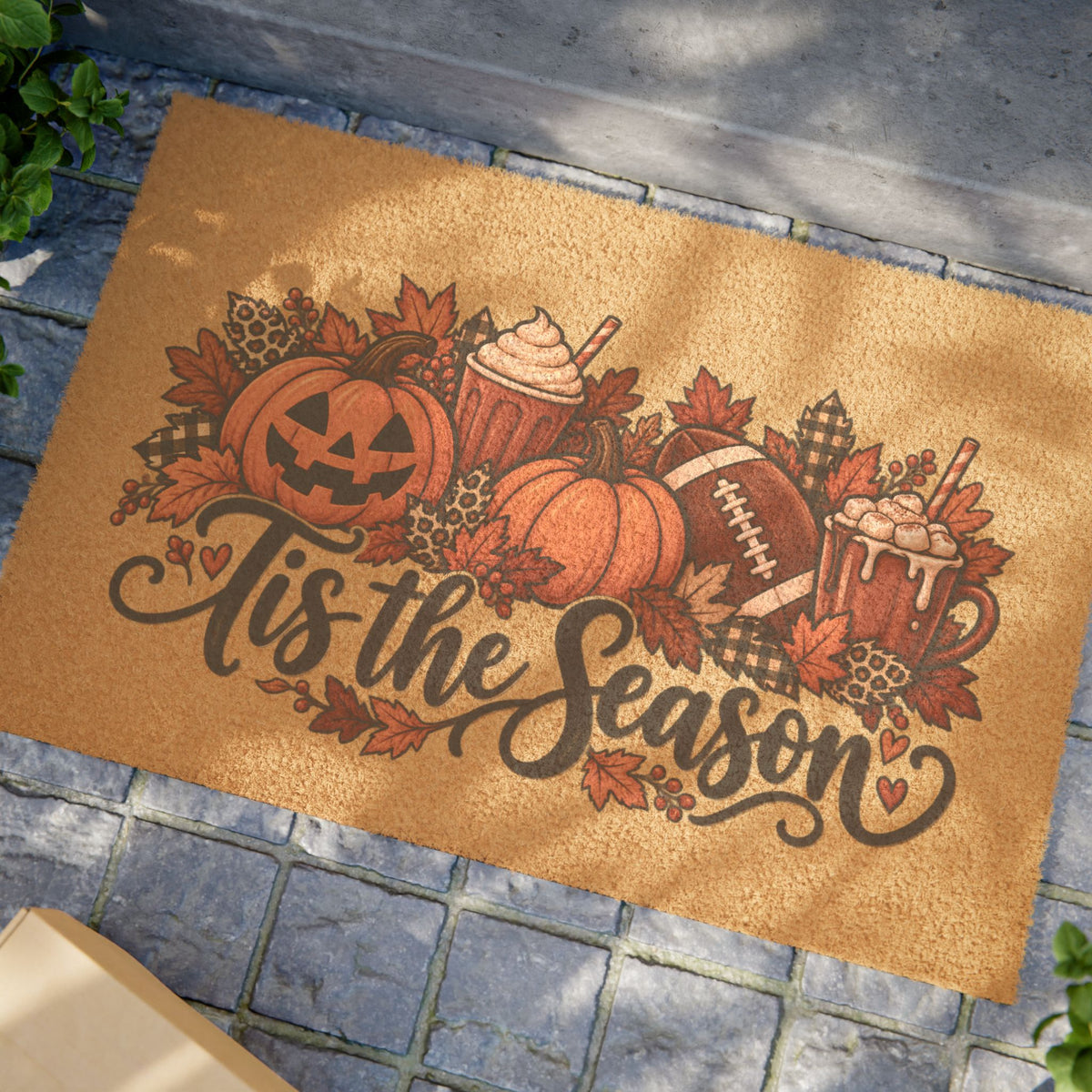 Autumn 'Tis the Season Doormat — Fall Pumpkin, Football & Hot Cocoa Welcome Mat