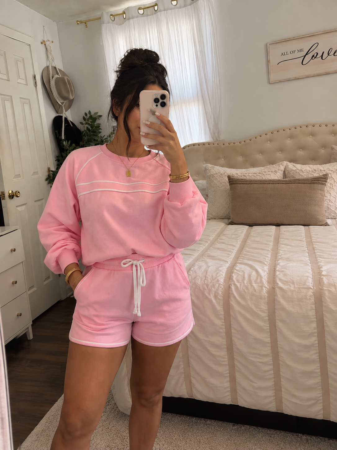 Piping Trim Long Sporty Pullover Drawstring Elastic Waist Shorts Set