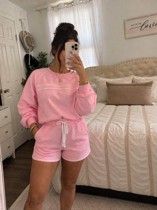 Piping Trim Long Sporty Pullover Drawstring Elastic Waist Shorts Set